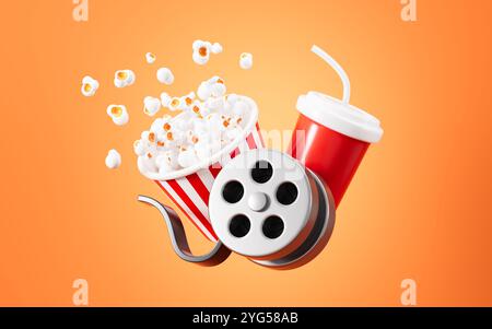 Bobina per film cartoni animati e popcorn su sfondo rosso, rendering 3D. illustrazione 3d. Foto Stock