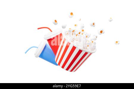 Popcorn e bevande su sfondo rosso, rendering 3d. illustrazione 3d. Foto Stock