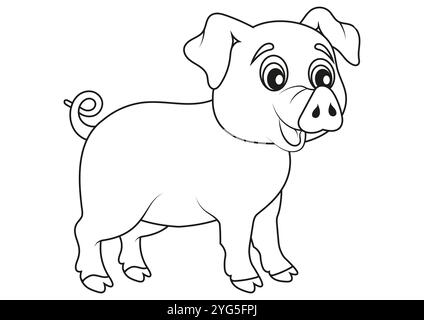 Adorabili disegni piatti in bianco e nero Cartoon Pig Vector, ideali per pagine da colorare, isolati su sfondo bianco Illustrazione Vettoriale