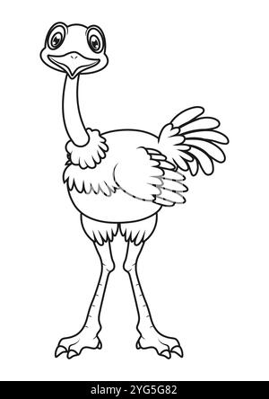 Design piatto vettoriale in bianco e nero Cartoon Ostrich, ideale per le pagine da colorare, isolato su sfondo bianco Illustrazione Vettoriale