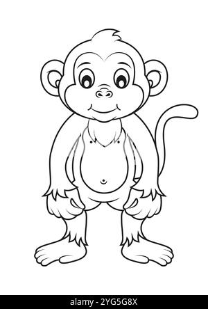 Disegni piatti in bianco e nero con Monkey Vector, ideali per le pagine da colorare, isolati su sfondo bianco Illustrazione Vettoriale