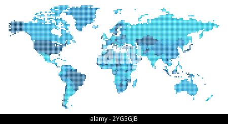Una rappresentazione dettagliata della mappa del mondo con varie regioni politiche, visualizzata in una griglia quadrata con diverse sfumature di blu, evidenziando i confini geografici. Illustrazione Vettoriale