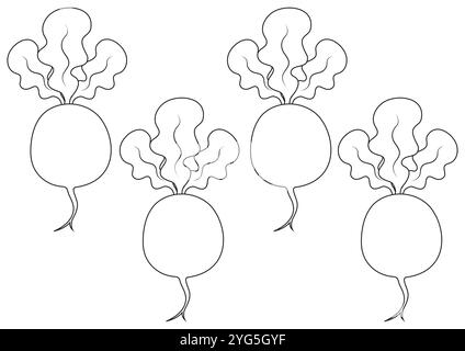 Set bianco e nero di design piatti vettoriali Radish, ideale per pagine da colorare, isolato su sfondo bianco Illustrazione Vettoriale