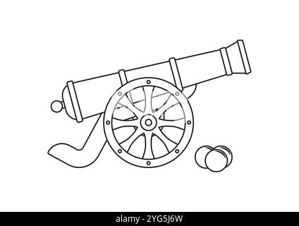 Antico cannone pirata in bianco e nero con design piatto isolato su sfondo bianco. Pagina da colorare del cannone Illustrazione Vettoriale