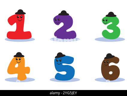 Numeri dei cartoni animati da uno a sei in colori diversi con occhi e design piatto vettoriale della bocca Illustrazione Vettoriale