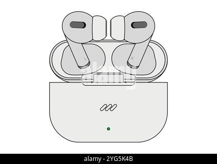 Cuffie wireless con custodia di ricarica dal design piatto vettoriale isolato su sfondo bianco Illustrazione Vettoriale