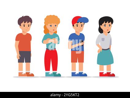 Coda di quattro persone in attesa del loro design piatto vettoriale isolato su sfondo bianco Illustrazione Vettoriale