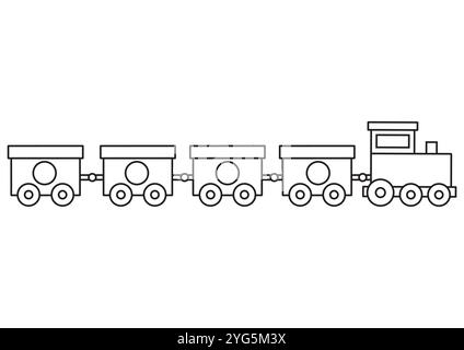 Treno bianco e nero. Pagina da colorare del disegno piatto del vettore del treno dei cartoni animati Illustrazione Vettoriale