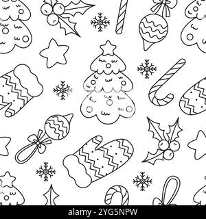Sfondo colorato per il nuovo anno. Delinea gli elementi natalizi con un motivo senza cuciture. L'abete mitta il giocattolo di caramelle dolci e fiocchi di neve. Sfondo vettoriale neoterico Illustrazione Vettoriale
