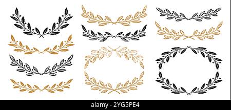 Motivi floreali piante ornamentali, divisori, bordi, cornici, corone. Set di elementi di design disegnati a mano Illustrazione Vettoriale