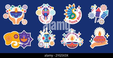Distintivi Diwali. Tradizionale festival di luci, adesivi concettuali o distintivi, recenti lampade vettoriali di fuochi d'artificio o candele per festeggiare diwali Illustrazione Vettoriale
