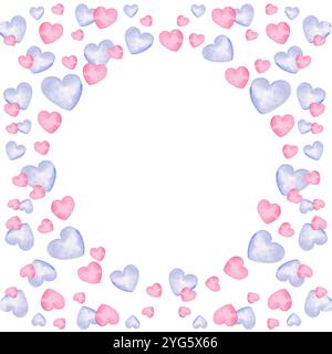 Cornice rotonda ad acquerello con tema cuore a San Valentino, disegno a mano di una corona, bordo di colore rosa e lilla su sfondo bianco. Per packa Foto Stock