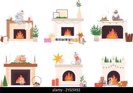 Gatti cartoni animati su caminetti. Caminetto decorato a Natale e simpatico gatto, scatole regalo, ghirlande di alberi di Natale e candele. Elementi vettoriali del nuovo anno Illustrazione Vettoriale