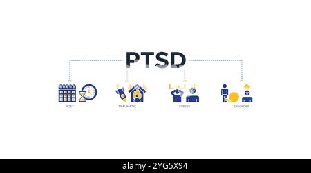 Immagine vettoriale dell'icona Web del banner PTSD concetto di post, traumatico, stress e disordine con icone di calendario, tempo, attacco razzo Illustrazione Vettoriale