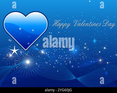 Cuore blu con le stelle sopra. Il cuore è circondato da stelle e le parole "buon San Valentino" sono scritte sotto di esso Illustrazione Vettoriale