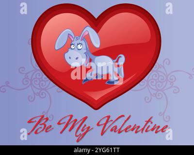 L'asino è al centro di un cuore. Il cuore è rosso e l'asino è blu. Le parole "Be My Valentine" sono scritte sotto il cuore Illustrazione Vettoriale