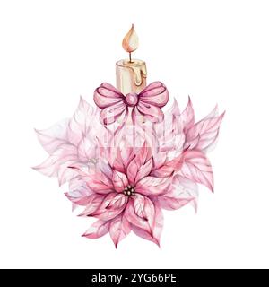 Candela natalizia acquerello con fiori di abete e di punta rossa. Composizioni dipinte a mano. Decorazioni natalizie invernali in stile retrò e vintage. Mano Illustrazione Vettoriale