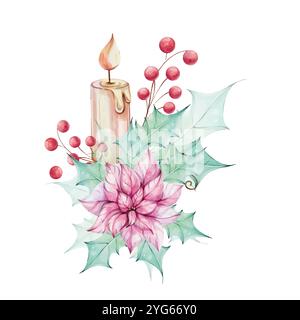 Candela natalizia acquerello con abete, fiori e bacche di punta rossa, foglie verdi di agrifoglio. Composizioni dipinte a mano. Decorazioni per le vacanze invernali Illustrazione Vettoriale