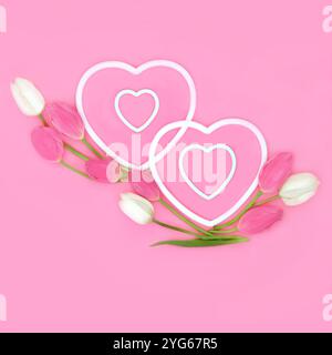 Fiore di tulipani primaverili due montature a forma di cuore su sfondo rosa, concetto di San Valentino nella natura di Pasqua primaverile. Foto Stock