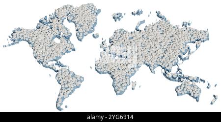 Pillole per il mondo. Pillole bianche sparse su una mappa del mondo 3d in blu. Vista inclinata. Sfondo bianco puro per una migliore separazione. Foto Stock