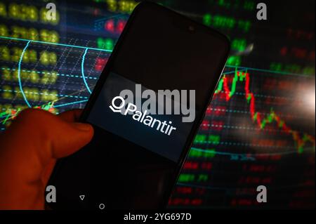 Polonia. 6 novembre 2024. In questa immagine, un logo Palantir viene visualizzato su uno smartphone con percentuali di mercato azionario sullo sfondo. (Credit Image: © Omar Marques/SOPA Images via ZUMA Press Wire) SOLO PER USO EDITORIALE! Non per USO commerciale! Foto Stock