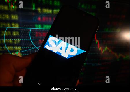 Polonia. 6 novembre 2024. In questa immagine, un logo SAP viene visualizzato su uno smartphone con percentuali di mercato azionario sullo sfondo. (Credit Image: © Omar Marques/SOPA Images via ZUMA Press Wire) SOLO PER USO EDITORIALE! Non per USO commerciale! Foto Stock