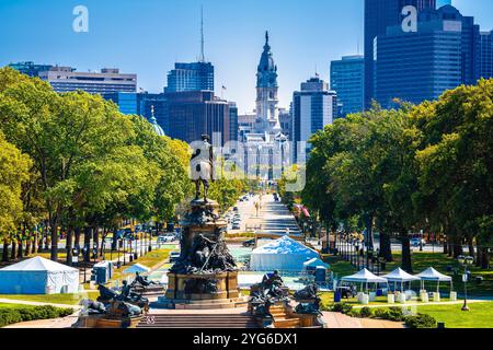 Philadelphia Benjamin Franklin Parkway e vista sulla città, stato della Pennsylvania, Stati Uniti Foto Stock