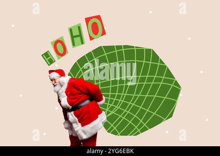 Immagine collage di una vecchia divertente borsa per il trasporto di babbo natale con regali isolati su sfondo disegnato Foto Stock