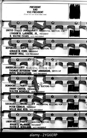 Una macchina per il voto usata nelle elezioni presidenziali statunitensi del 1976 che mostra un voto per il democratico Jimmy Carter. Il candidato repubblicano era Gerald Ford. Foto Stock