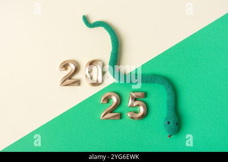 Giocattolo a maglia con serpente verde e numeri d'oro. Simbolo dell'anno 2025 su sfondo beige e verde. Foto Stock