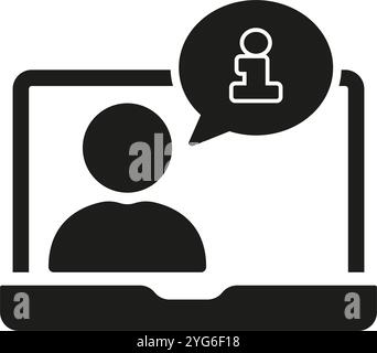 Persona sul laptop con icona con la silhouette della bolla di informazioni per il supporto online. Assistenza clienti e informazioni online. Assistenza e. Illustrazione Vettoriale