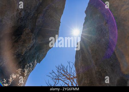 La luce del sole illumina le torreggianti formazioni calcaree contro un cielo azzurro. Catturato nella zona di Grands Tsingy, conosciuta per la sua impressionante strada rocciosa Foto Stock