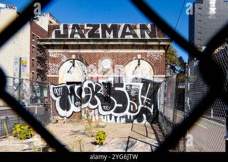Vivace murale di Street art e tag Jazman su un edificio cittadino visto attraverso una recinzione a catena manhattan New york City USA Foto Stock
