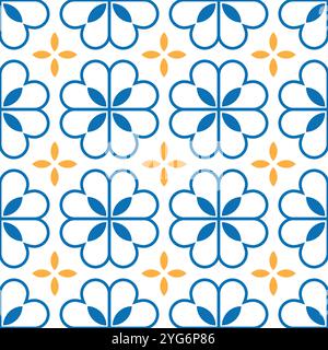 Motivo vettoriale senza cuciture blu e giallo con motivi a quadrifoglio stilizzati, che creano una superficie decorativa ispirata ai classici design delle piastrelle Illustrazione Vettoriale