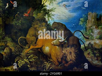 Landscape with Hunting Lions 1628 di Roelandt Savery Kortrijk, 1576 – Utrecht, 1639 Paesi Bassi, olandese, ( Museo di Belle Arti Budapest ) Foto Stock