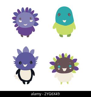 Set di simpatici personaggi dei cartoni animati su bianco. Illustrazione vettoriale. Illustrazione Vettoriale