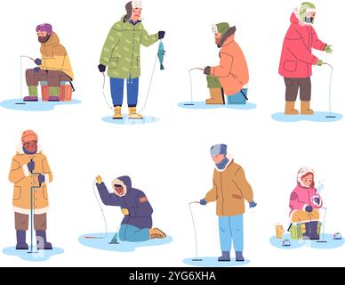 Pescatori invernali. Cartoon fisher pesca di pesce nella buca di ghiaccio ghiacciata del lago della foresta del fiume, pescatore con stivali con barba che filtra neve stagione fredda natura, illustrazione vettoriale di classe opere d'arte originali Illustrazione Vettoriale