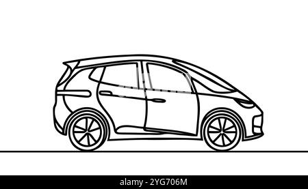 Auto elettrica con disegno artistico continuo su una linea. Concetto di energia ecologica del veicolo con alimentazione elettrica e batteria Illustrazione Vettoriale