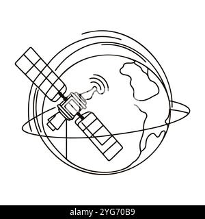 Un disegno continuo della terra con un satellite Illustrazione Vettoriale