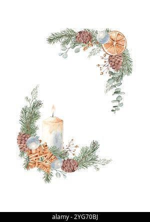Cornice verticale quadrata dell'Avvento di Natale, bordo. Composizioni d'angolo con piante invernali, candela e giocattolo a stella in vimini fatto a mano. Botanica disegnata a mano Foto Stock
