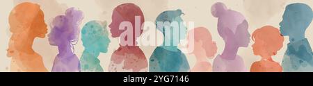Silhouette con vista laterale di uomini e donne di varie culture. Persone multiculturali. Concetto di inclusione della diversità razziale e dell'uguaglianza. Uguaglianza di genere. Misto Illustrazione Vettoriale