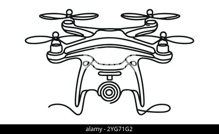 Immagine vettoriale continua con un'unica linea di disegno del drone con fotocamera quadricottero in silhouette su sfondo bianco. Illustrazione Vettoriale