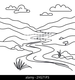 Orizzontale. Lago di montagna. Alte montagne. Lago forestale in roccia. Orizzontale. Una linea continua. Lineare. Tracciata una linea continua su sfondo bianco Illustrazione Vettoriale