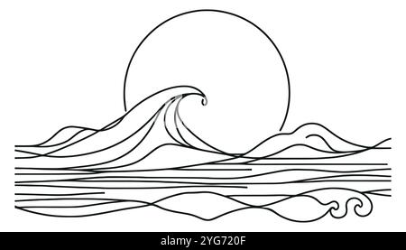un disegno a linea continua della vista del tramonto Illustrazione Vettoriale