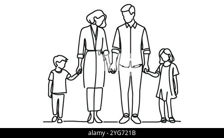 famiglia felice che tiene per mano una linea singola arte continua. Illustrazione Vettoriale