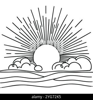 un disegno a linea continua della vista del tramonto Illustrazione Vettoriale