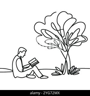 Continuo disegno di una linea di uomo seduto e leggendo un libro sotto l'albero Illustrazione Vettoriale