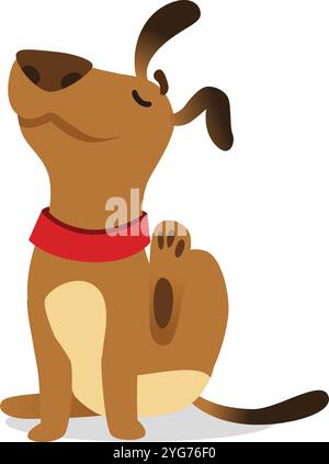 Felice cane marrone con colletto rosso che gratta la schiena con zampa in illustrazione a cartone animato, isolato su sfondo bianco Illustrazione Vettoriale