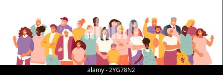 Persone di età e aspetto diversi. Gruppo multinazionale. Uomini e donne, bambini e anziani Illustrazione Vettoriale
