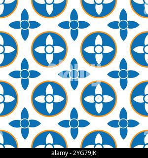 Design floreale moderno e visivamente accattivante con motivo geometrico senza cuciture e fiori in quadrifoglio stilizzato in blu e arancione, adatto per vari tipi di attività Illustrazione Vettoriale